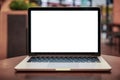 Laptop with blank screen on table. Conceptual workspace, Laptop computer with blank white screen on table, Blurred background.