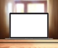 Laptop with blank screen on table window on background - realistic vector illustration Royalty Free Stock Photo