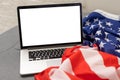 laptop with blank screen usa flag Royalty Free Stock Photo