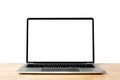 Laptop blank screen on wood table isolated, mockup, template for your text, Clipping paths included Royalty Free Stock Photo