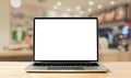 Laptop blank screen on wood table isolated Royalty Free Stock Photo