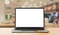 Laptop blank screen on wood table isolated, mockup, template for your text Royalty Free Stock Photo