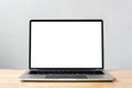 Laptop blank screen on wood table, mockup, template Royalty Free Stock Photo