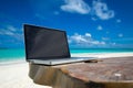 Laptop blank screen on wooden desk with beach. relax concept. Royalty Free Stock Photo