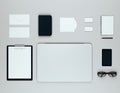 Laptop, blank tablet, diary, smartphone, glasses and envelopes, Royalty Free Stock Photo