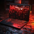 a laptop with blood splattered on the screen