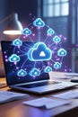 Laptop with Blue Cloud Network Visualization and Glowing Particles computer technology Royalty Free Stock Photo