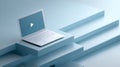 A laptop on a blue platform with play button displayed on the screen, representing video streaming services or media content Royalty Free Stock Photo