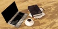 Laptop book coffee on wood floor