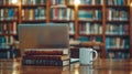 Laptop, Books, and a Cup of Coffee in a Library Royalty Free Stock Photo