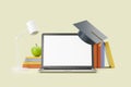 Laptop and books, graduation cap on light background. Mockup screen Royalty Free Stock Photo