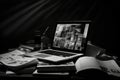 laptop and books on the table, black and white photo, laptop and newspapers on black and white backgroun, laptop and newspapers on Royalty Free Stock Photo