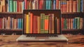 The laptop and bookshelf.AI generated image Royalty Free Stock Photo