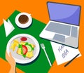 Laptop with breakfast and a cup of coffee on the table in a flat design. Generate ideas and plans anywhere and anytime.