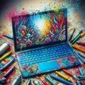 A laptop with a bright, creative design surrounded by colorful markers