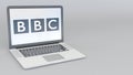 Laptop with British Broadcasting Corporation BBC logo. Computer technology conceptual editorial 3D rendering Royalty Free Stock Photo
