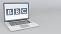 Laptop with British Broadcasting Corporation BBC logo. Computer technology conceptual editorial 3D rendering