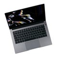 Laptop with a broken screen with color glitches isolated on a white background close up.