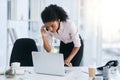 Laptop, business or black woman in phone call in schedule planning, discussion or conversation at office. Listen, mobile Royalty Free Stock Photo