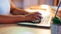 Laptop, business and closeup of hands typing, work on project and creative research at desk. Table, keyboard editor and Royalty Free Stock Photo