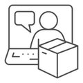 Laptop with cardboard box and person thin line icon, logistic and delivery symbol, internet delivery vector sign on