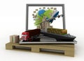 Laptop with cargo ship, truck, plane and boxes around globe on wooden pallet.