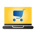 Laptop with cart flat icon. Notebook with shopping trolley color icons in trendy flat style. Online shopping gradient