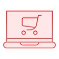 Laptop with cart flat icon. Notebook with shopping trolley pink icons in trendy flat style. Online shopping gradient