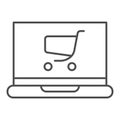 Laptop with cart thin line icon. Online shopping vector illustration isolated on white. Notebook with shopping trolley