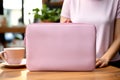 Laptop case mockup. Pink soft modern interior, AI Generated.