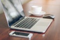 Laptop, cell phone, coffee cup on wood table background in office