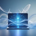 Laptop screen with glowing network and abstract light streams computer technology Royalty Free Stock Photo
