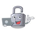 With laptop character padlock on the wooden door