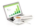 Laptop with chart, cappuchino cup and newspaper Royalty Free Stock Photo