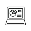 Laptop chart, icon in line design. Laptop, chart, data, analysis, graph, screen, infographic on white background vector