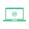 Laptop and check mark. Notebook and round green tick icon, checkmark on white screen. Successful update, accept, ok