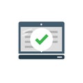Laptop with checkmark or tick notification in bubble. Approved choice. Accept or approve checkmark. Vector stock illustration.