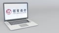 Laptop with China Merchants Bank logo. Computer technology conceptual editorial 3D rendering