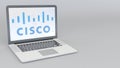 Laptop with Cisco Systems logo. Computer technology conceptual editorial 3D rendering