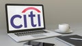 Laptop with Citigroup logo on the screen. Modern workplace conceptual editorial 3D rendering Royalty Free Stock Photo