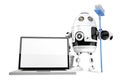 Laptop cleaning concept. Robot cleaning laptop with a mop. Isolated. Contains clipping path.