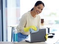 Laptop, cleaning service and woman office portrait product, dust cloth and spray bottle for company health, trust and Royalty Free Stock Photo