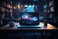 Laptop with cloud computing concept on screen. 3D Rendering, futuristic workspace with sparkling particles floating out of glowing