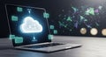 Laptop with cloud computing icon and data transfer visualization, representing modern digital storage and network technology Royalty Free Stock Photo