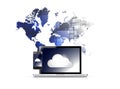 Laptop cloud computing world map illustration