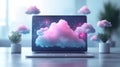 A laptop with cloud and file icons floating above it, representing digital documents being transferred to the clouds for online Royalty Free Stock Photo