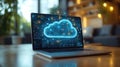 A laptop with cloud and file icons floating above it, representing digital documents being transferred to the clouds for online Royalty Free Stock Photo