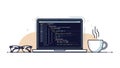 Laptop with Code Glasses and Coffee Cup on Desk Royalty Free Stock Photo