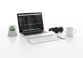 Laptop with code headphones mouse mug and plant isolated on white background Royalty Free Stock Photo