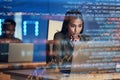Laptop, code hologram and woman thinking of data analytics, information technology or software overlay at night Royalty Free Stock Photo